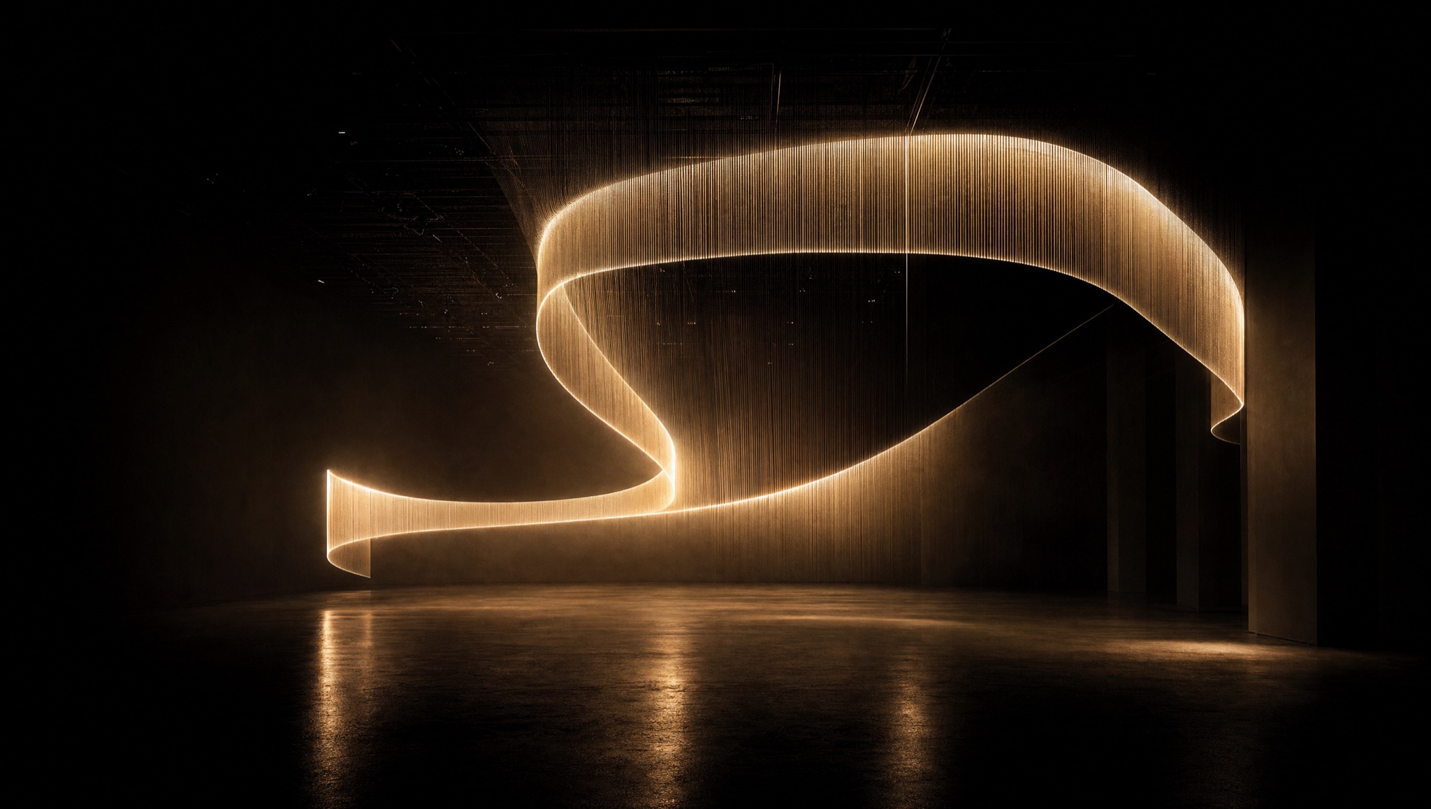 Dark gallery hall with a monumental ribbon of light