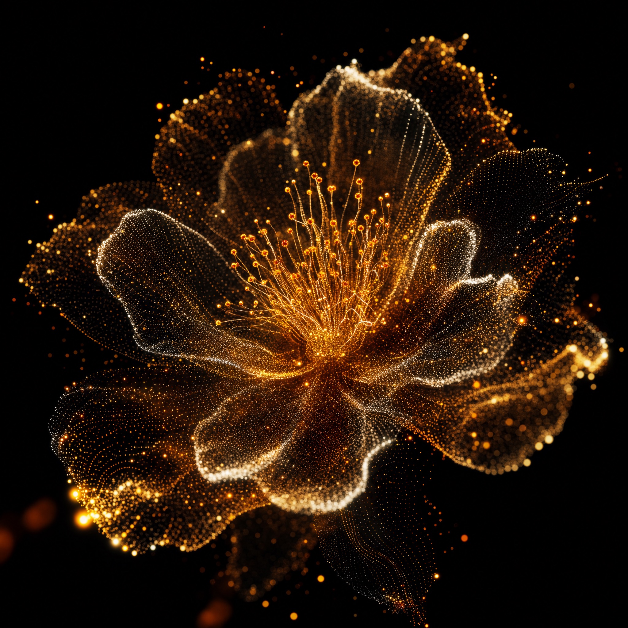 Seed Bloom, particle flower of glowing micro dots