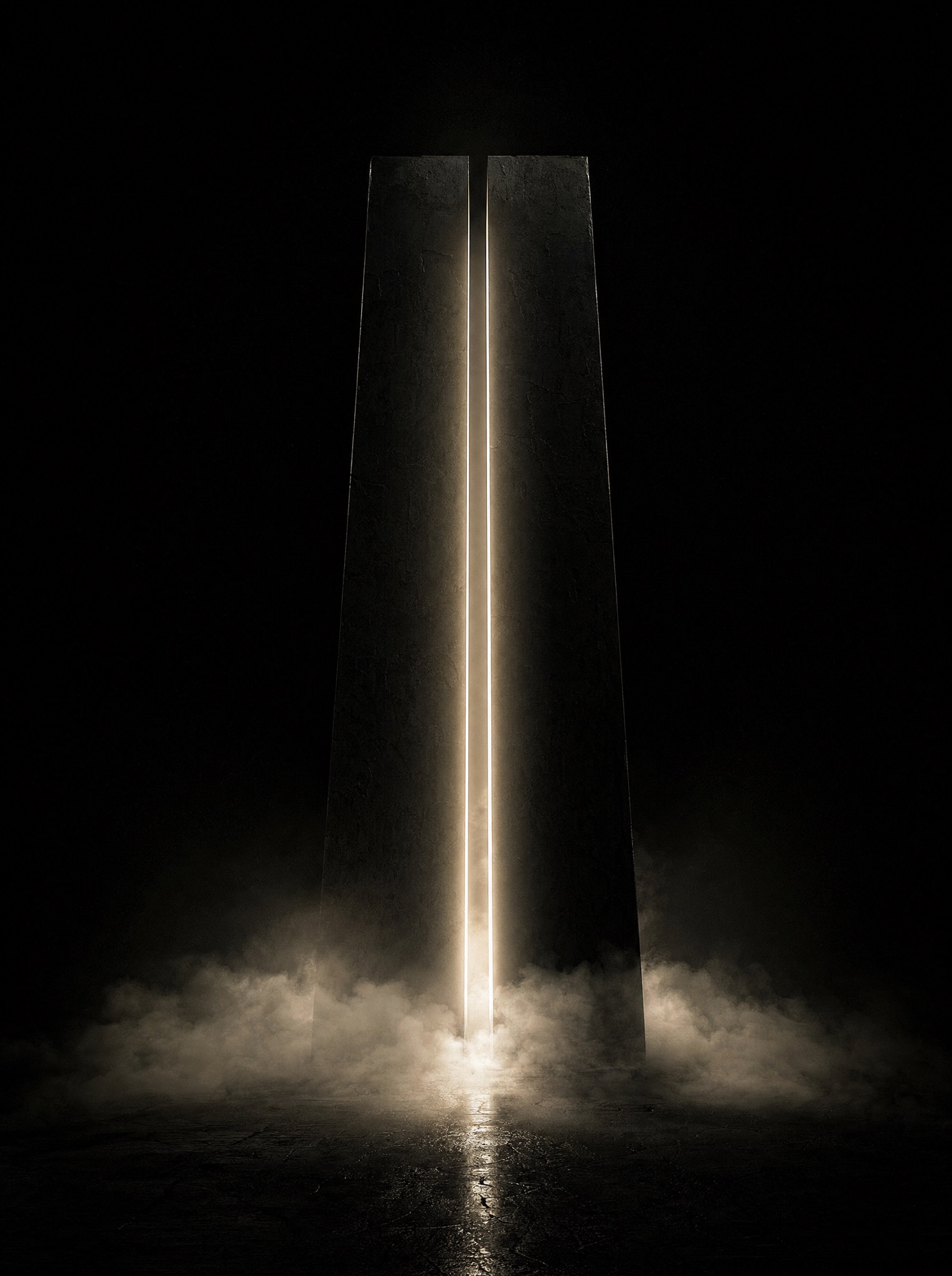 Monolith, black monolith with a slit of light in fog