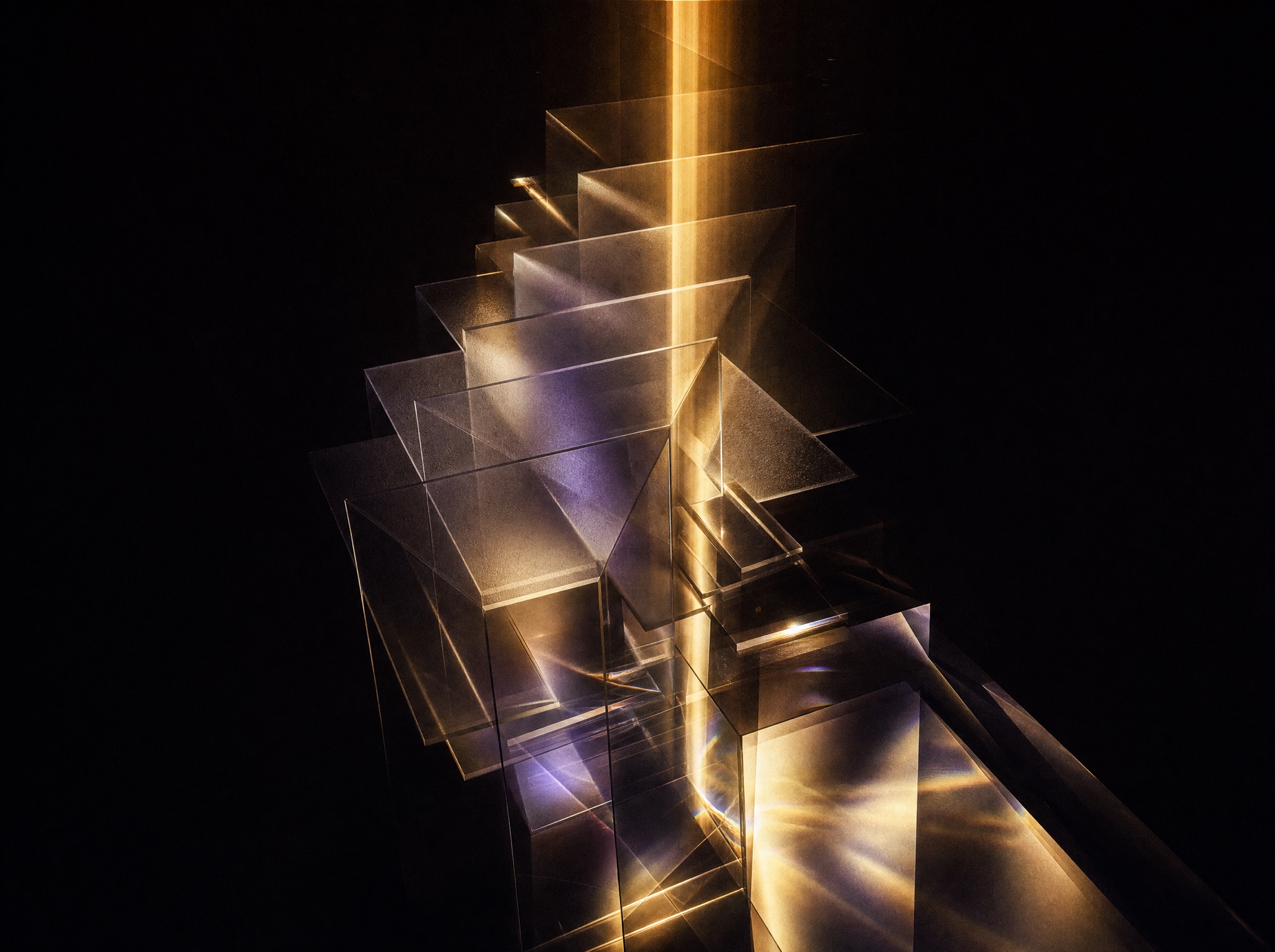 Strata, layered glass panes refracting warm light
